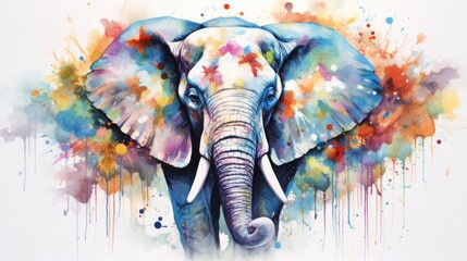  a painting of an elephant with colorful paint splatters on it's face and tusks and tusks, with a white background of multi - colored paint splots.  generative ai