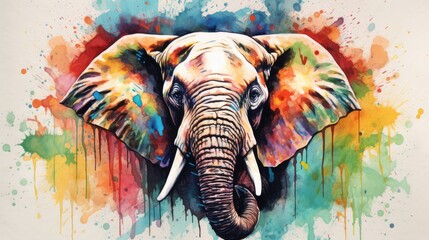  a painting of an elephant with colorful paint splatters on it's face and tusks and tusks, it's trunk up to the side.  generative ai