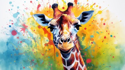  a close up of a giraffe's face with paint splatters on the back of it's head and a green, yellow, red, blue, orange, yellow, and red, and blue background.  generative ai