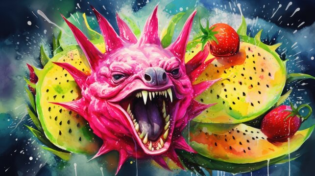 a painting of a pink monster with fruit on it's back and teeth on it's face, with water droplets coming out of its mouth and water droplets coming out of its mouth.  generative ai