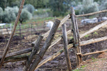 Rustic wooden fence in the countryside details
