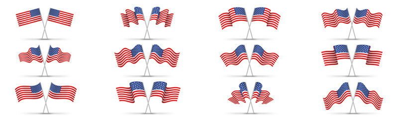 United states flag set, usa symbol, wavy shape flag pole realistic illustration - obrazy, fototapety, plakaty