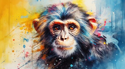  a painting of a monkey with multicolored paint splatters on it's face and a blue, yellow, red, yellow, and white background.  generative ai