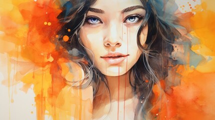  a watercolor painting of a woman's face with orange and blue paint splatters on her face and her hair blowing in the wind and her hair.  generative ai