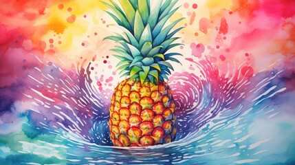  a painting of a pineapple floating in a body of water with a splash of water on the bottom of the picture and a splash of water on the bottom of the image.  generative ai