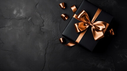 Gift wrapped in black paper with black bow on a black textured background with scattered copper confetti, giving a moody and luxurious feel - obrazy, fototapety, plakaty