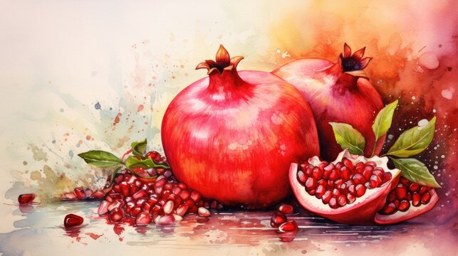  a painting of pomegranates and leaves with watercolor paint splashing on the back of the image and the top half of the pomegranate pomegranates.  generative ai