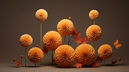 Pom pom dahlias flowers on a minimal background
