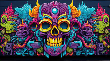 Mural art in the streets of Mexico City. Perfect symmetrical graffiti doodle art on Tucson Street Wall, colorful neon glowing on the wall, skull pattern.
