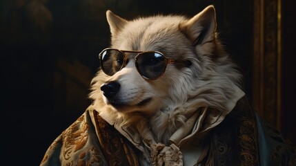  a close up of a dog wearing a suit and sunglasses with a scarf around it's neck and a dog wearing a suit and sunglasses around it's neck.  generative ai
