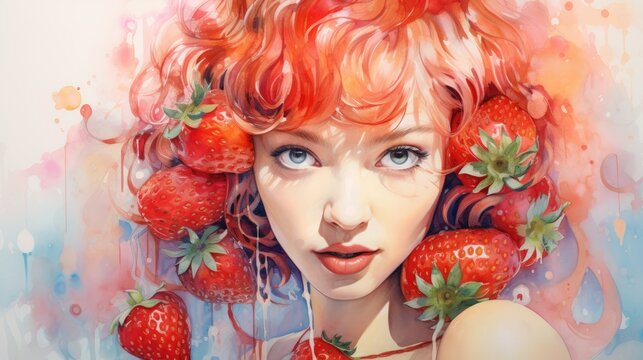  a painting of a woman with red hair and strawberries in her hair, with a splash of paint on her face and the image of a woman's face.  generative ai