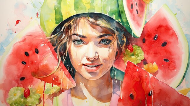 a painting of a woman with watermelon slices on her head and a watermelon slice in front of her face and a watermelon slice in the background.  generative ai