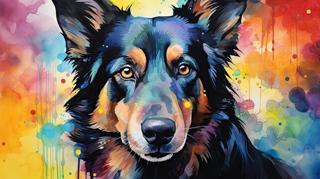  a close up of a dog's face with colorful paint splattered on the side of the image and the dog's face is looking directly at the camera.  generative ai