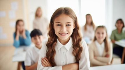 Smiling young girl in classroom with classmates behind.