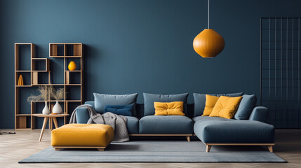 Two knitted poufs near dark blue corner sofa - Powered by Adobe