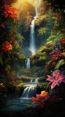  a painting of a waterfall in the middle of a forest with lots of trees and flowers in the foreground and a waterfall in the middle of the foreground.  generative ai