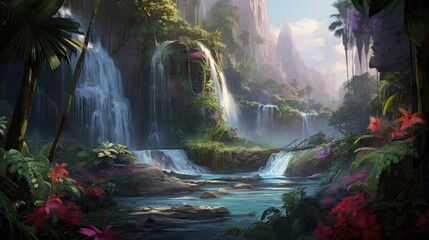  a painting of a waterfall in the middle of a forest with lots of trees and flowers on either side of the waterfall is a blue body of water that is surrounded by lush vegetation.  generative ai