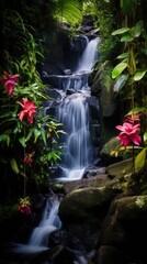  a small waterfall in the middle of a forest with lots of trees and flowers on either side of the waterfall is a lush green area with pink and red flowers.  generative ai