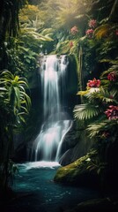  a painting of a waterfall in the middle of a forest with lots of trees and flowers on either side of the waterfall is a blue body of water surrounded by lush vegetation.  generative ai