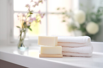 Fototapeta na wymiar handmade white bar natural bio soap and towels on background of modern bathroom