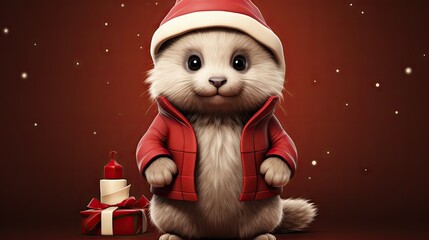  a racoon wearing a red jacket and a santa hat sitting next to a christmas present on a red background with stars and snowflakes on the ground.  generative ai