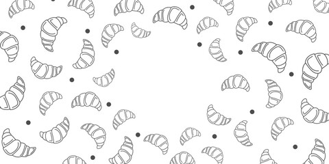 Vector illustration. Contour pattern. Cakes, donuts, croissants, macarons in sketch style. Hand drawn food elements. Desserts and sweets food doodle background with copy space for text.