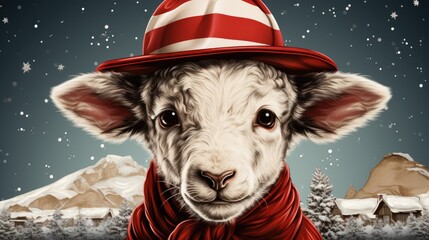  a painting of a sheep wearing a red scarf and a red hat with a red scarf around it's neck and a snowy mountain in the background with snow.  generative ai