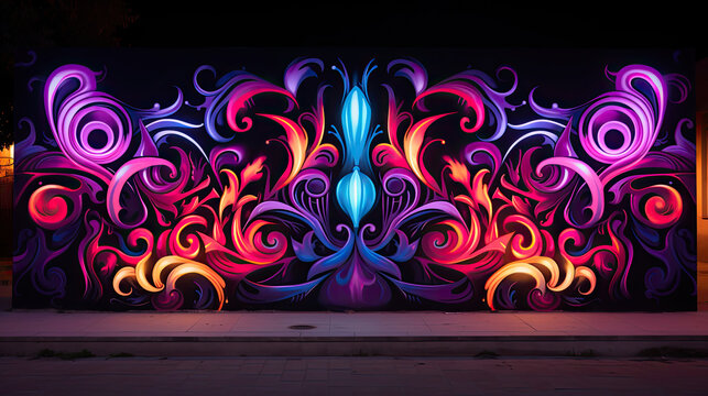 Graffiti on the wall. Mural art at The street. Colorful, abstract art painting on the wall in the public art gallery.