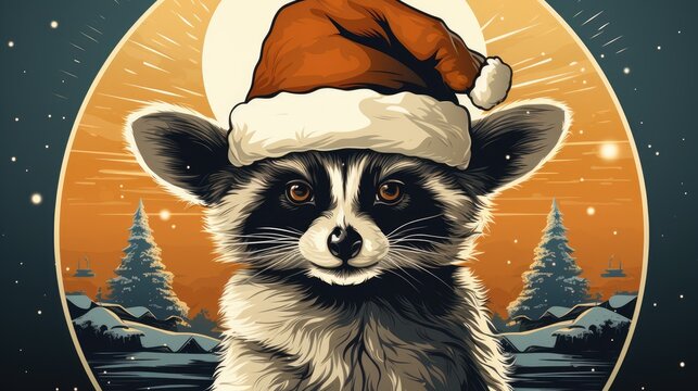  a raccoon wearing a santa hat on top of it's head in front of a background of snow covered trees and a full moon with stars and snow.  generative ai