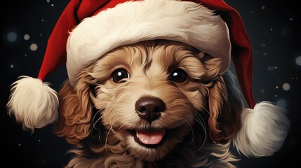  a close up of a dog wearing a santa hat with snow flakes on it's back and a black background with snow flecked snowflakes.  generative ai
