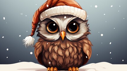  an owl wearing a santa hat sitting on top of a snow covered ground with snow flakes on it's head and a snowing cap on its head.  generative ai
