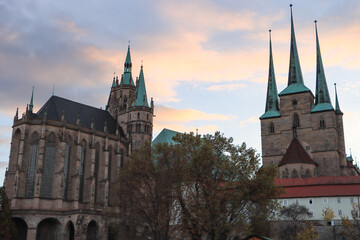 Erfurter Wahrzeichen im Abendlicht; Dom St. Marien und St. Severikirche