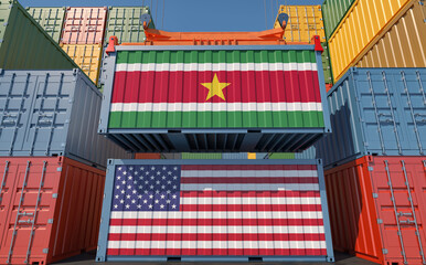 Cargo containers with Suriname and USA national flags. 3D Rendering  - 677629695