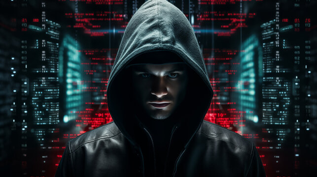 Hacker in the hood agains network of glowing data background. Cybersecurity and cybercrime concept