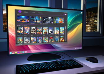 Fictitious video game launcher library app on generic computer, 3D render. My own original, generic design. © synthetick