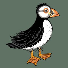 Cute puffin illustration in a cartoon style on a bold turquoise background.