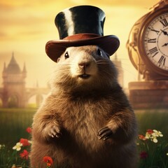Groundhog Day celebration, with Punxsutawney Phil emerging to predict the weather, an annual tradition in February, anticipating an early spring or extended winter - obrazy, fototapety, plakaty