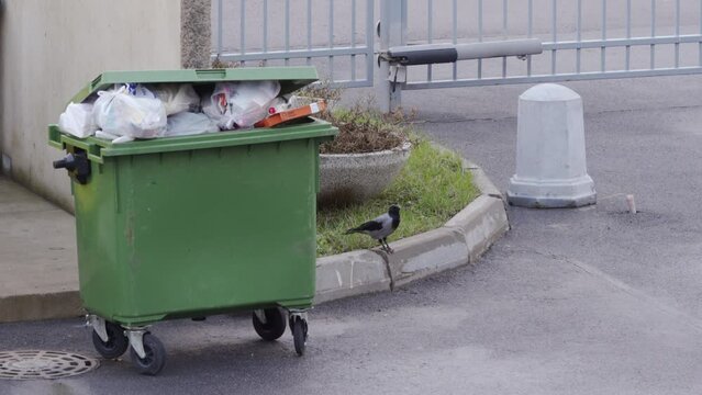 Outdoor overfilled garbage cans for storage and collection of waste in residential apartment complex