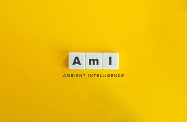 Ambient Intelligence (AmI). Letter Tiles on Yellow Background. Minimal Aesthetic.