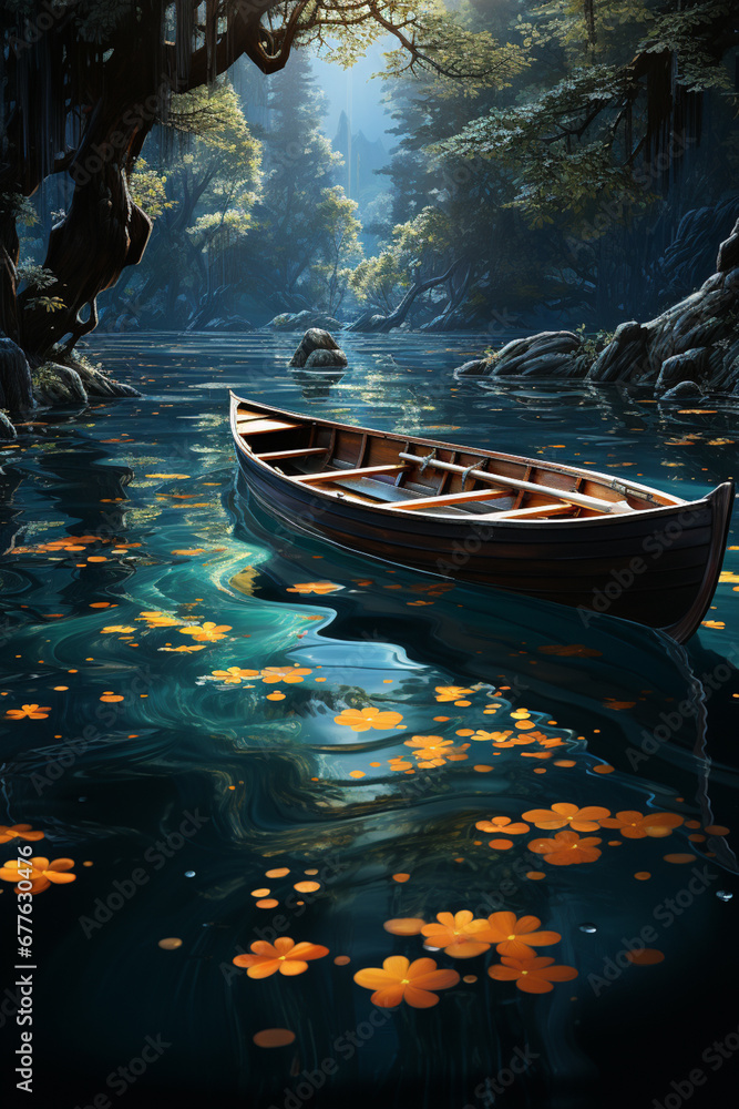 Leinwandbilder A tranquil view of a canoe gliding through calm water, with its movement creating a symmetrical pattern of circles.  