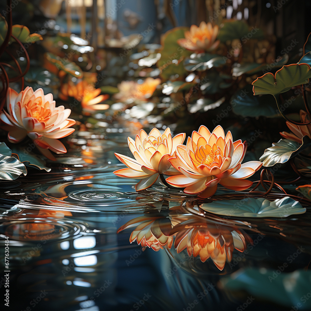 Poster A mesmerizing view of lily pads with their circular leaves creating delicate patterns on the mirror-like water. 