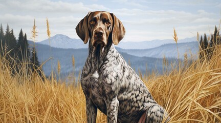 German Shorthaired Pointer sits on the top of a hill - obrazy, fototapety, plakaty