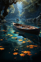 Obraz premium A tranquil view of a canoe gliding through calm water, with its movement creating a symmetrical pattern of circles. 