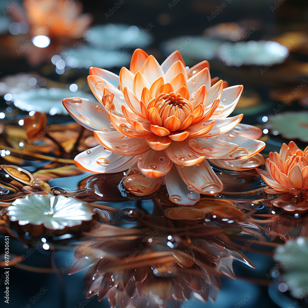 Poster A mesmerizing view of lily pads with their circular leaves creating delicate patterns on the mirror-like water. 