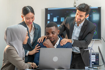 encourage counseling multiethnic teamwork friendship colleague collaboration help coworkers by touch the shoulder for encourage. touch shoulder unhappy man for helping support guidance his problem.