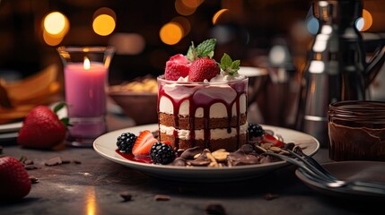  a close up of a cake on a plate on a table with a candle and strawberries on the plate next to it and a glass of milk and strawberries on the plate.  generative ai