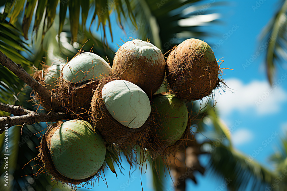 Aufkleber an overhead view of a lush coconut grove, with ripe coconuts hanging from the trees against a clear 