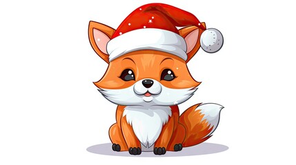  a red fox with a santa hat on it's head is sitting down and looking at the camera while wearing a santa claus hat on it's head.  generative ai