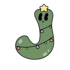 Letter J cute 60s 70s groovy retro vintage smiley tree cartoon font winter alphabet merry christmas xmas festive sublimation clipart