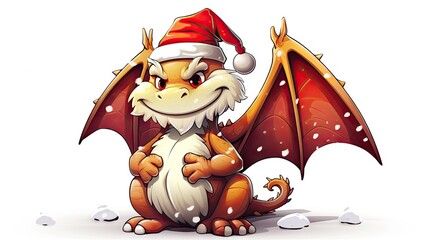  a cartoon dragon with a santa hat on it's head and wings, sitting on a snow covered ground, with snow flakes all around it's edges.  generative ai